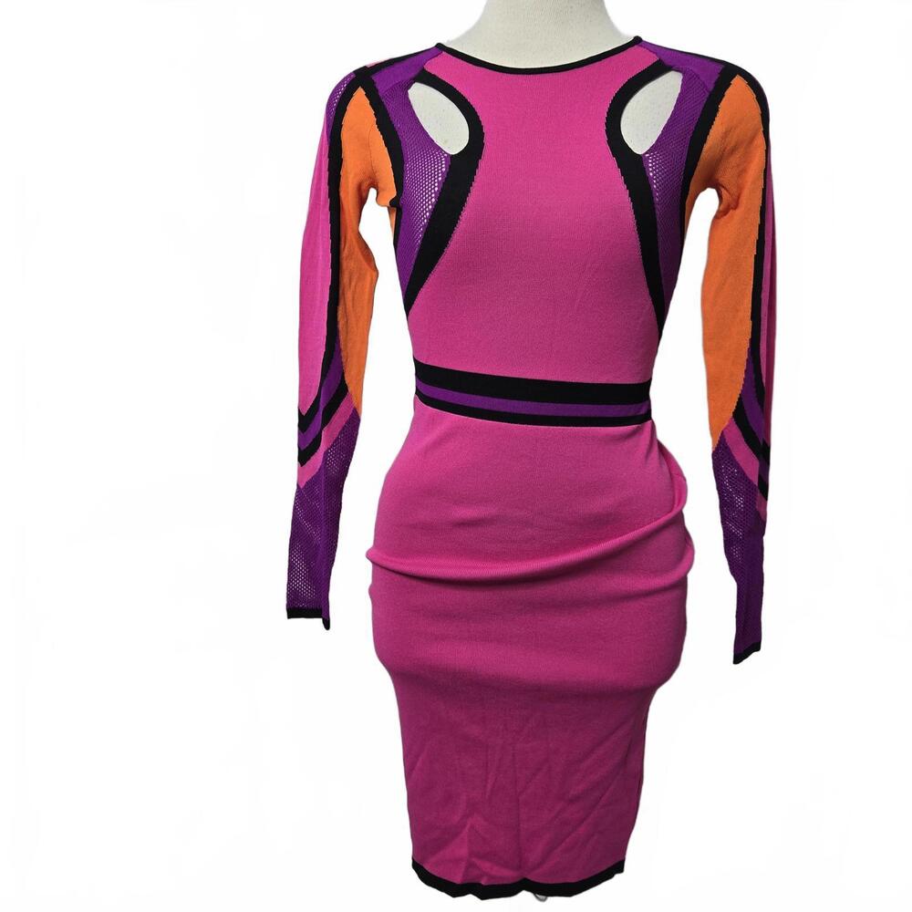 Pinko Dress XS Pink Purple Orange Color Block Fitted Cut Out Bodycon Cocktail